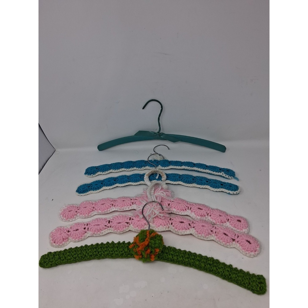 Set of 6 Vintage 1970s Crochet Covered Wooden Hangers Pastels Fun Colors
